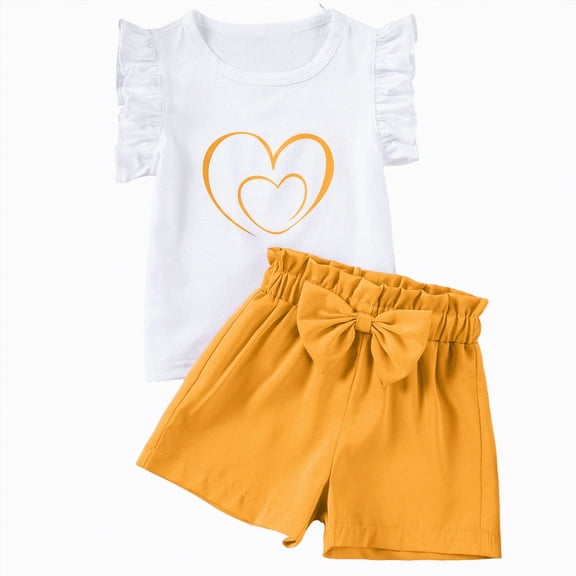 CAUYDY Toddler Girl Clothes Baby Girls Summer Outfits Flutter Sleeve Top Set Solid Shorts 2Pcs 1T 2T 3T 4T 5T 6T 7T Kid Girls Spring Summer Clothes (Sizes 3-4 Years,D01-Yellow)