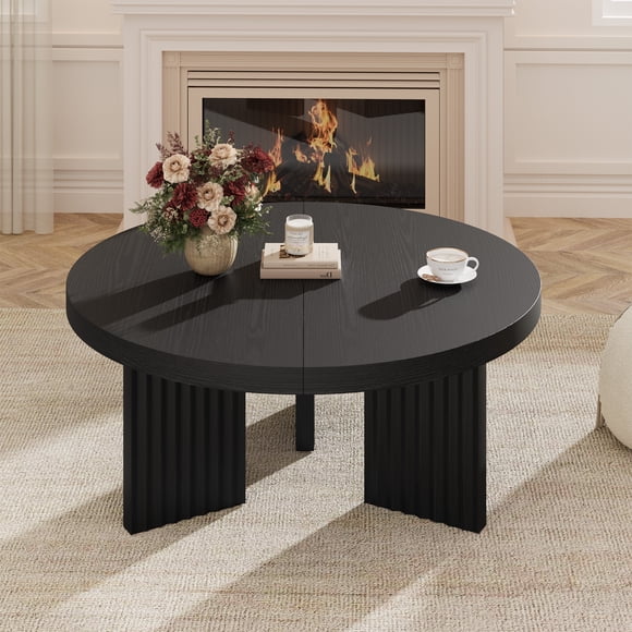 Modern Round Black Coffee Table for Living Room - 33.5" Fluted Legs - Thick Embossed Top - Farmhouse Accent Sofa Table - Easy Assembly - Black Embossed