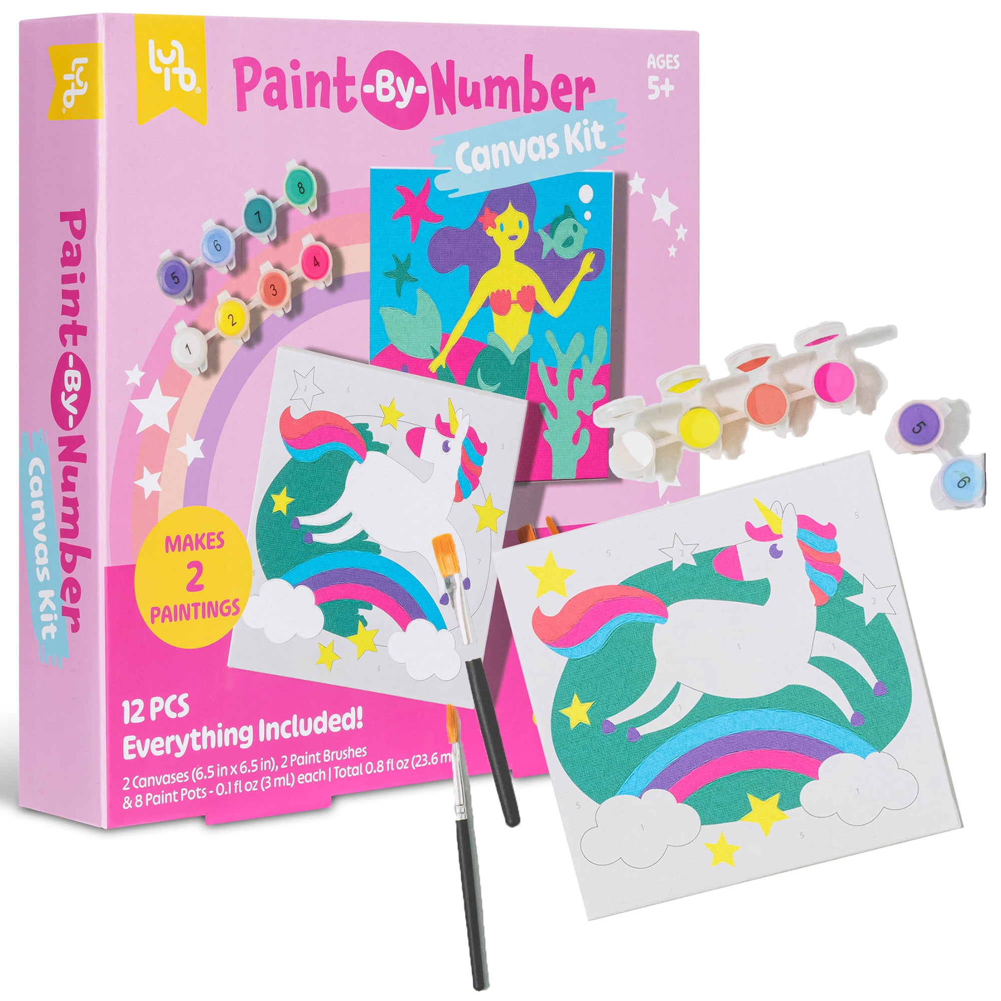 Little Yellow Bicycle: Unicorn & Mermaid Paint-By-Number Canvas Kit - All-In-1 Art Set, Magical Paintings, 8 Non-Toxic Paint Pots, 2 Brushes, Kids 5+