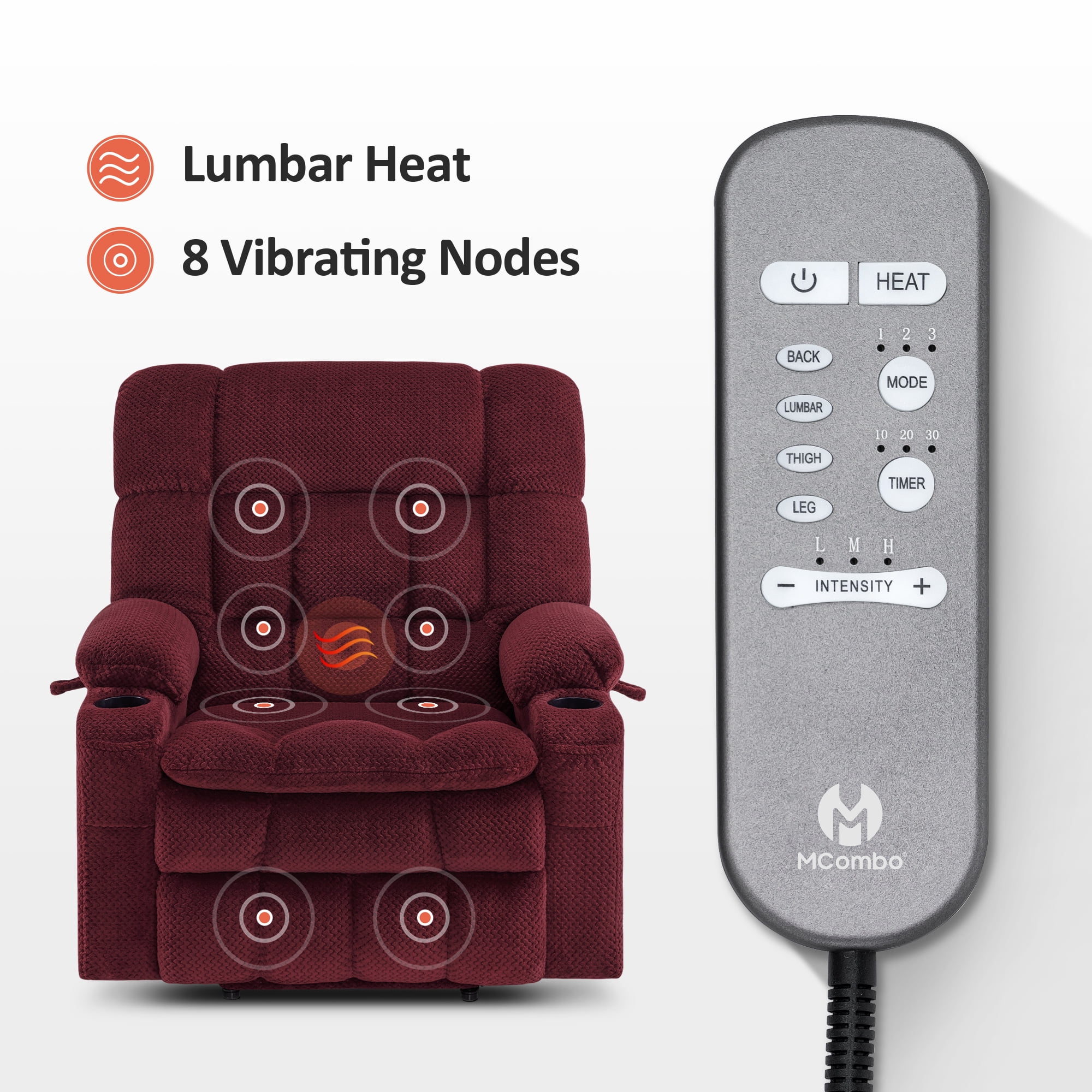 MCombo Dual Motor Power Lift Recliner with Massage and Heat for Big Elderly in Living Room, Fabric R7897, Medium-Wide, Burgundy