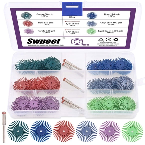 Swpeet 66Pcs 1 Inch 6 Mixed Grit 80/120/220/400/600/1000 Radial Bristle Disc Abrasive Brush Gap Polishing Pad Buffing Wheel Assortment Kit with 1/8"
