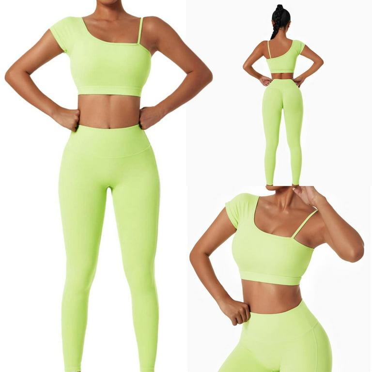 ZIZOCWA Seamless Workout Sets for Women 2 Piece Solid Color Ruffle One  Shoulder Crop Tops Sports Bras High Waist Leggings Yoga Pants Yellow SizeS
