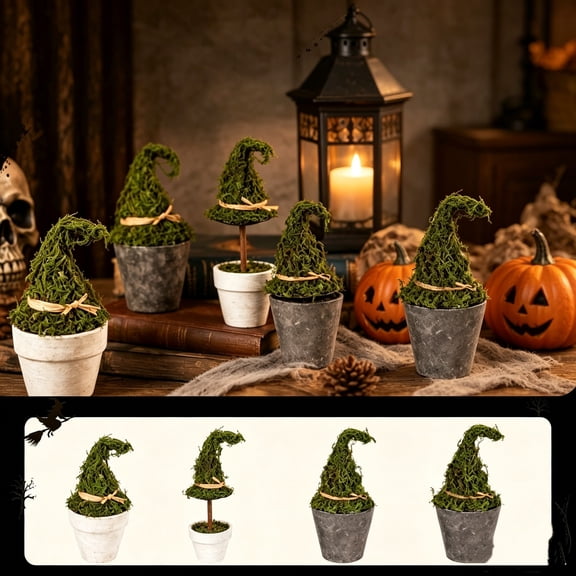 Mskk Miniature Artificial Witch Hat Plant Halloween Decoration - Vintage Potted Plant Accessory Desktop Resin Ornament for Halloween Party Decor