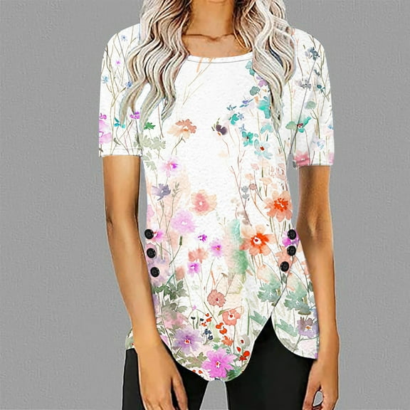 Sakmal Womens Tops Plus Size Short Sleeve Floral Vintage Asymmetrical Crew Neck T-Shirts Ladies Tops and Blouses