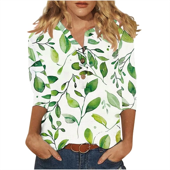 Giftesty Blouses for Women Dressy Casual Women's Casual Round Neck Button Cotton Linen Printed Three Quarter Sleeve Top