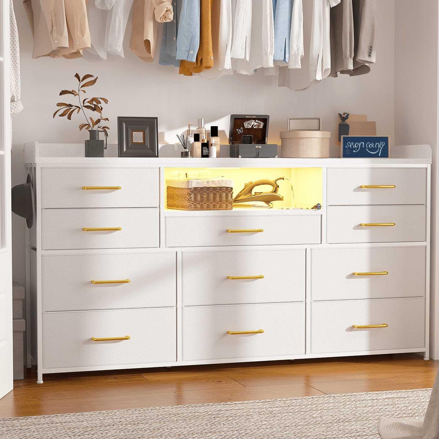 EnHomee White Dresser TV Stand for 55" TV with LED Lights & Power Outlets