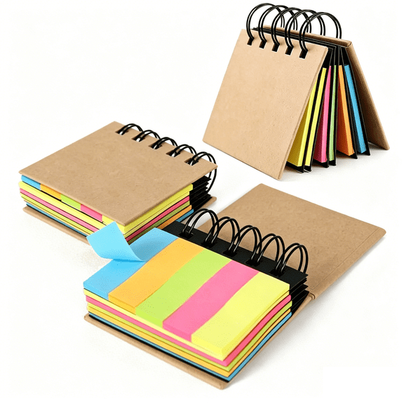 Lksixu Combination Sticky Notes, Portable Self-Stick Notes Pads with Kraft Cover, Small Spiral Notebook with Sticky Notes and Tabs, Mini Memo Pad Office Supplies - Assorted Colors, 250 Sheets