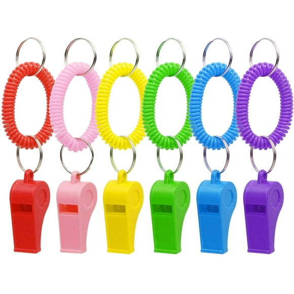 Sport Whistle with Bracelet 6pcs Loud Clear Plastic Whistles with Stretchable Coil Wrist Keychain Ring for Coaches Referees School Soccer Christmas Birthday Party Gift Survival Emergency Training