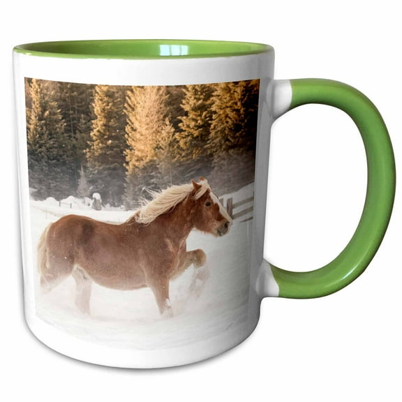 3drose, Belgian Horse Running Through the Snow, Kalispell, Montana., 11oz Two-tone Green Mug