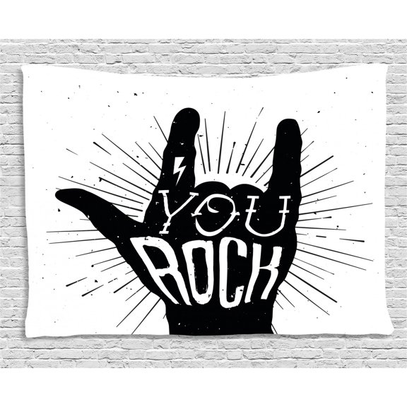 Rock Music Tapestry, You Rock Quote with Devil Symbol and Abstract Lines Monochrome Tattoo Pattern, Wall Hanging for Bedroom Living Room Dorm Decor, 80W X 60L Inches, Black White, by Ambesonne