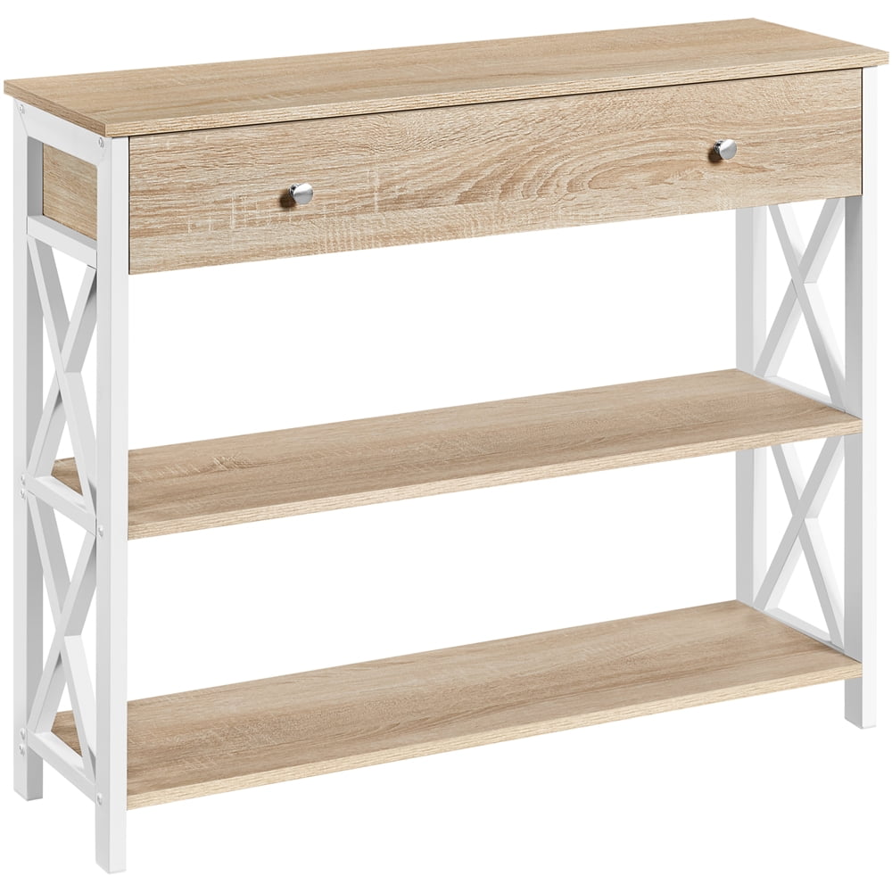 Alden Design Wood and Iron Console Table 1 Drawer & 2 Shelves, Light Oak with White Frame