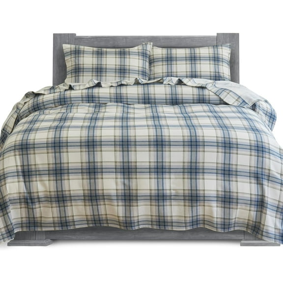 Elegant Comfort Soft 4-Piece Cotton Flannel Sheet Set -Deep Pocket Fitted Sheet, Flannel Sheets - Full, Plaid-Navy/Aqua