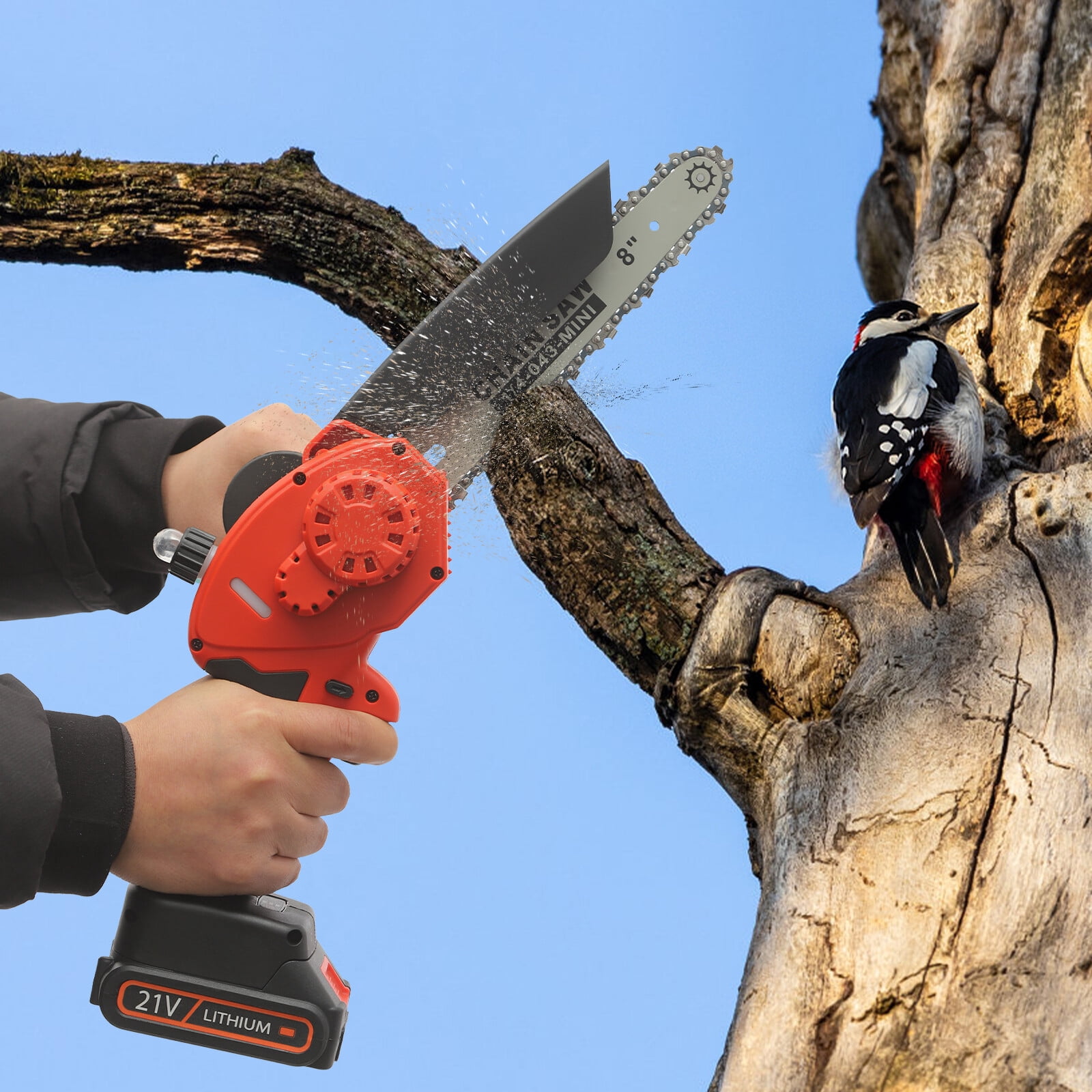 1 PCS Black+ Red Mini Chainsaw, 8 Inch Electric Chainsaw, Cordless Mini Chain Saw, used in gardens, parks, farms, ranches, pastures, orchards, forests