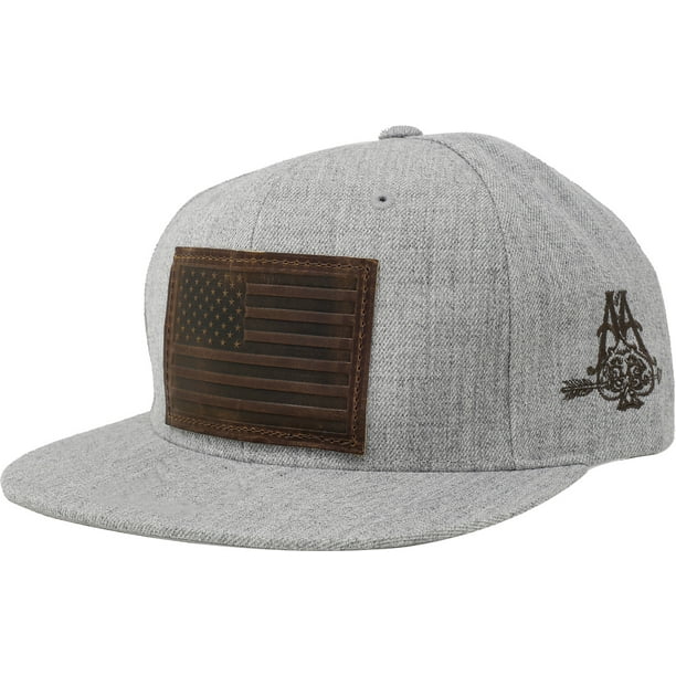 Baseball Cap--Flat Brim Hat, Grey Twill American Flag Patch - One