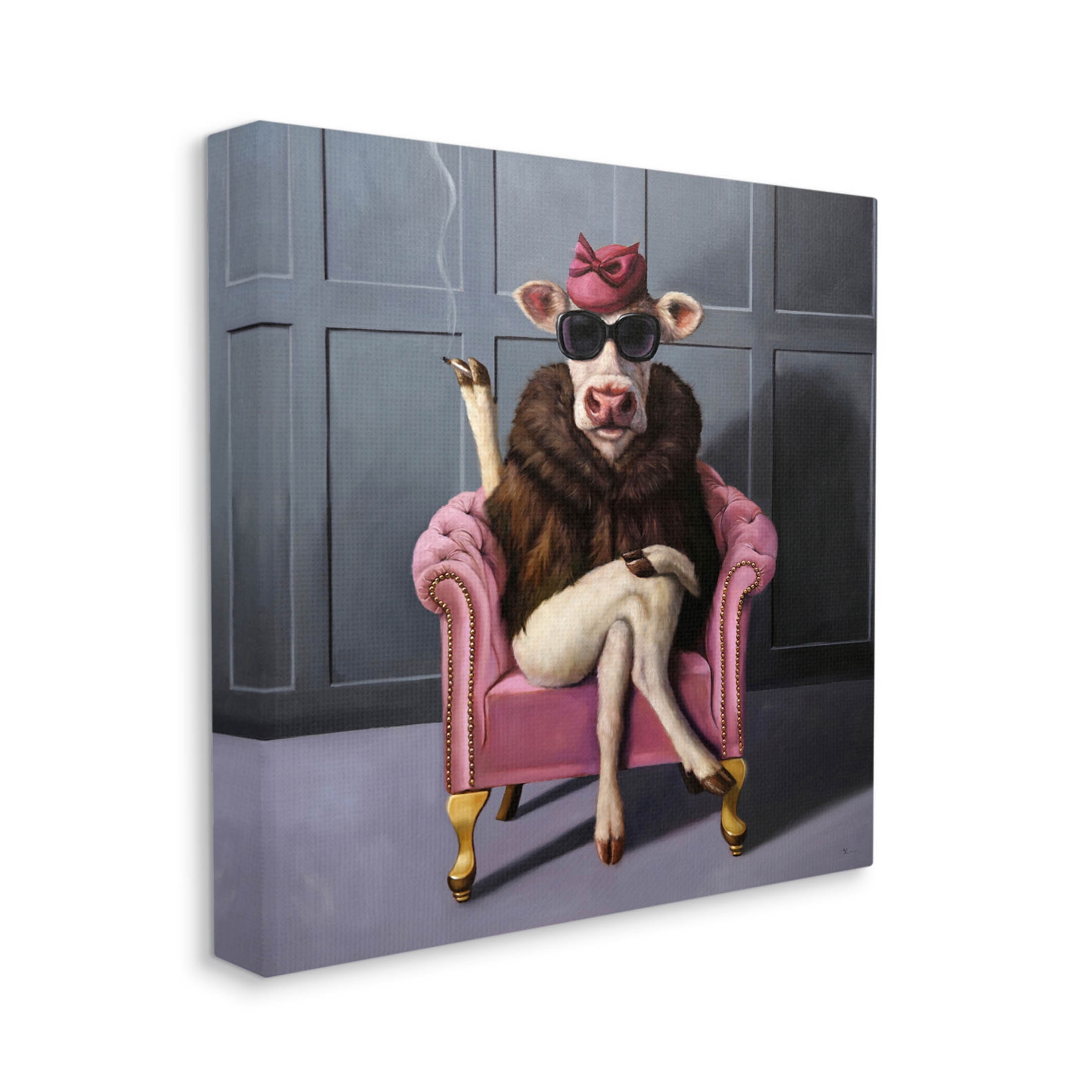 Chic Pink Glam Fashionable Cow Animals & Insects Painting Gallery Wrapped Canvas Print Wall Art