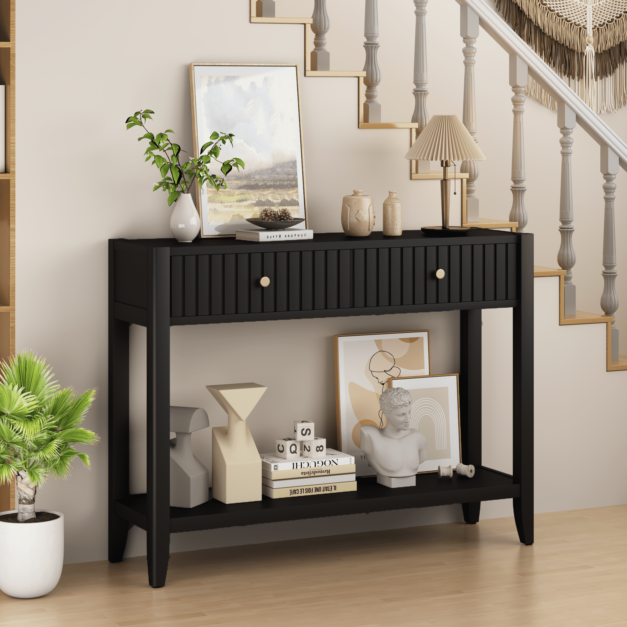 Narrow Console Table with Drawers and Storage Shelf, Wooden Entryway Sofa Accent Table, Slim Foyer Hallway Table for Living Room Front Hall Bedroom Office