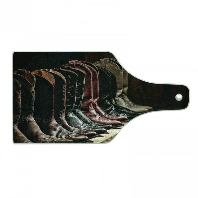 Western Cutting Board, Photograph of Various Type of Rodeo Cowgirl Leather Boots Image Art Western Fashion, Decorative Tempered Glass Cutting and Serving Board, Wine Bottle Shape, Brown, by Ambesonne