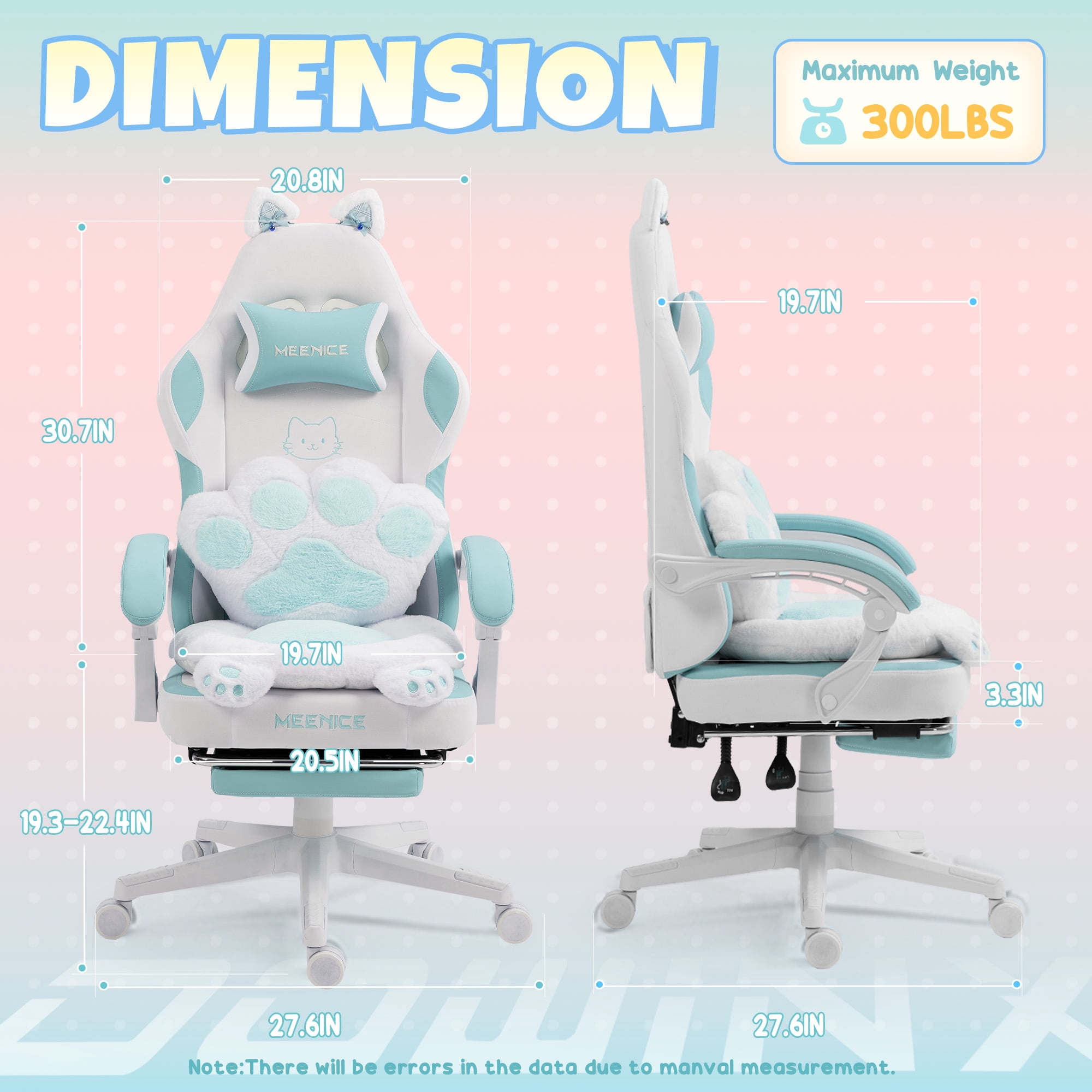 KARXAS Adult Cute Cat Ear Paw Print Reclining Fabric PC Gaming Chair with Footrest and Lumbar Support, Blue/White