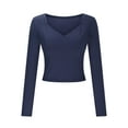 thumbnail image 5 of Aueoeo Women Shirts Basic Tight Athletic Wokout T-Shirt Trendy V Neck Going Out Tops Long Sleeve Lightweight Tops Navy XL, 5 of 8