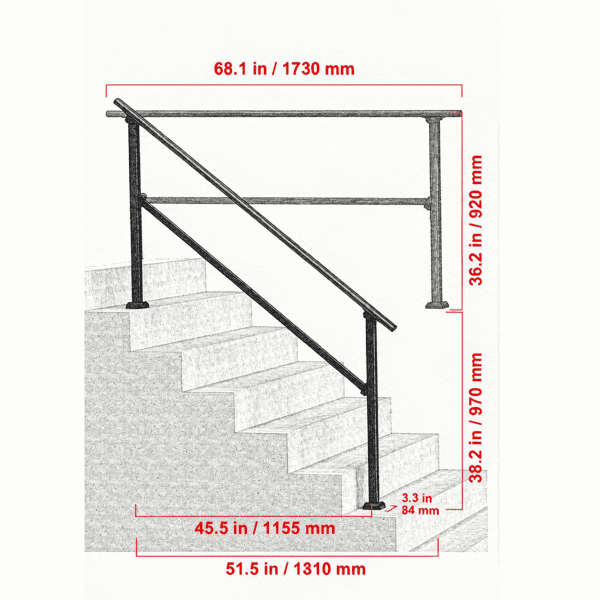 5-Step Stair Handrail Kit, Transitional Black Square Tube Design with Installation Hardware, for Outdoor Steps, Porch & Deck