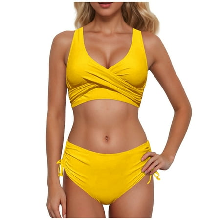XUELUO Womens Bikinis Solid Color Elastic Seamless Criss Cross Bra And High Waist Panty Set Two Pieces Swimwears Activewear