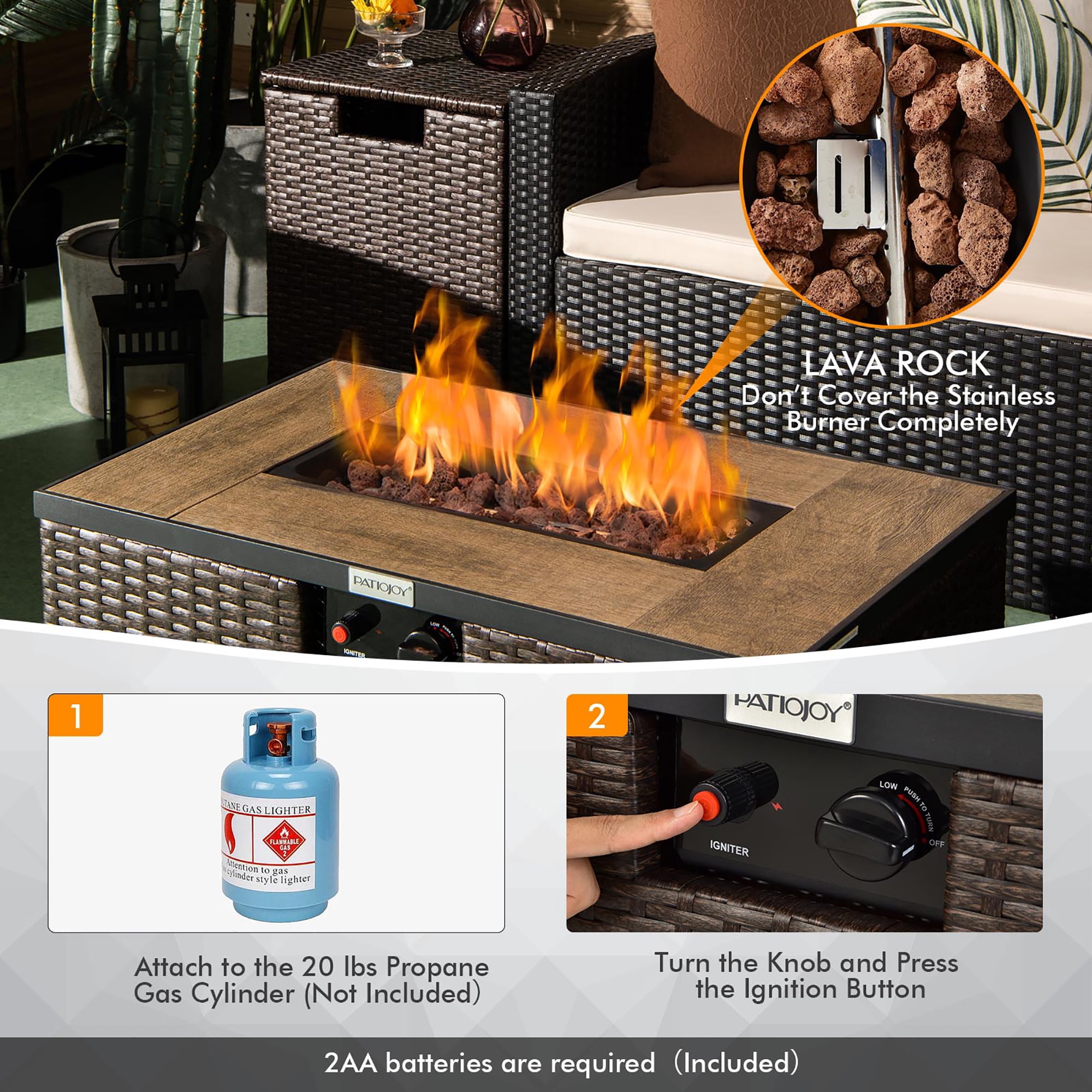 Costway 32''x 20'' Propane Rattan Fire Pit Table Set w/ Side Table Tank & Cover 40,000 BTU Brown