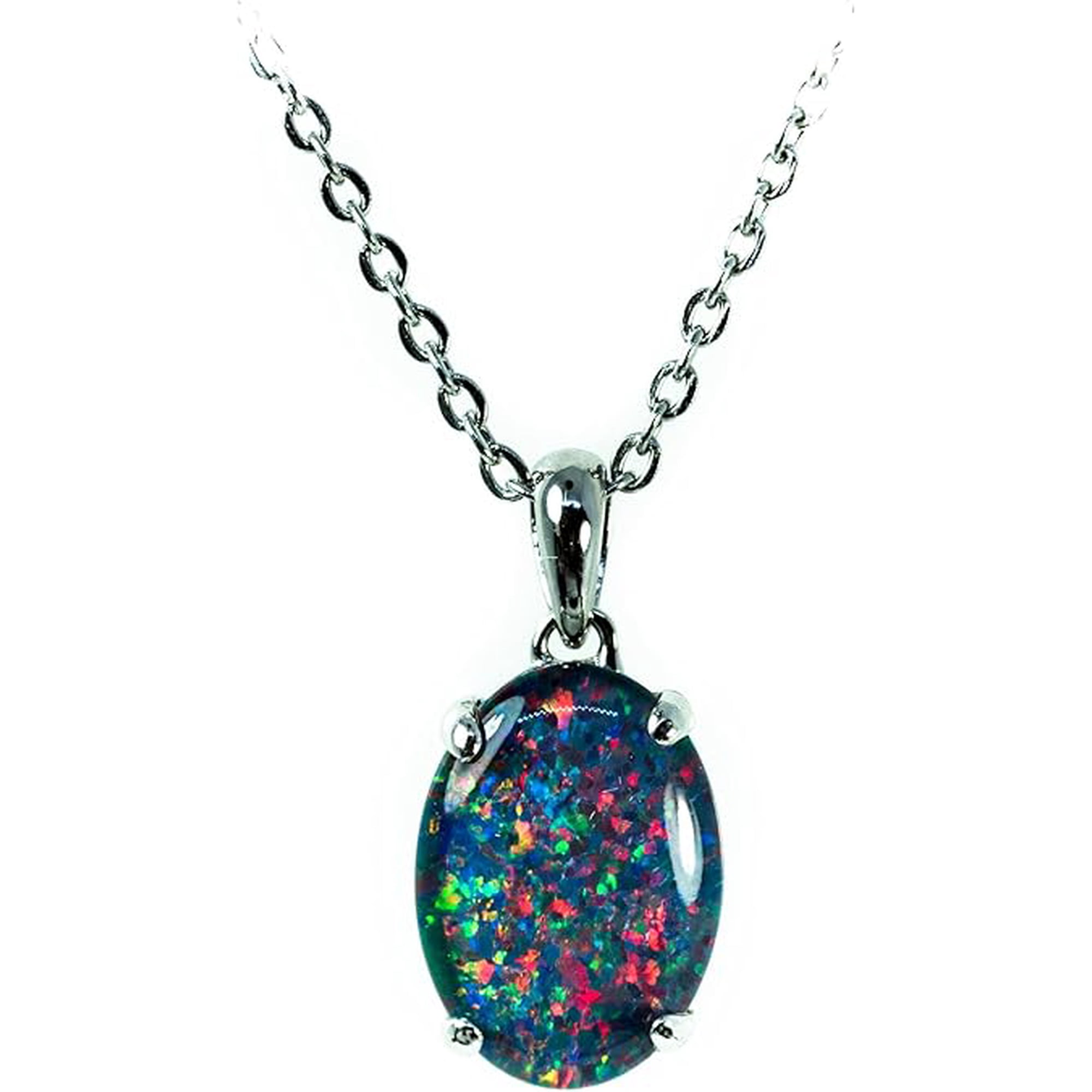 GemEmoprium Oval Cut FireOpal Genuine Triplets Opal Necklace Pendant 925 Sterling, Sterling Silver White Gold Plated