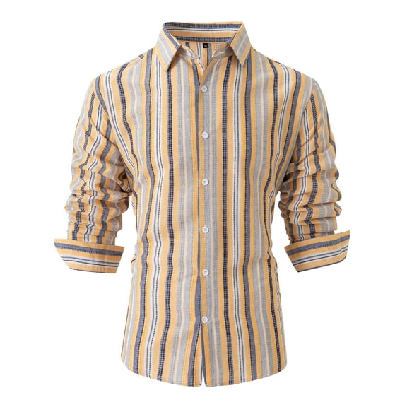 biudgviw Men's Cotton Linen Shirts Slim Fitted Striped Long Sleeve Tops Vintage Casual Lapel Button Down Shirt for Beach Vacation