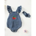 thumbnail image 2 of FEORJGP Toddler Baby Denim Overalls Romper 0 6M 12M 18M 24M Infant Ruffled Square Neck Bodysuits Strawberry Embroidered Jumpsuits Headband Newborn Comfy Fashion Casual Outfits for Boys Girls, 2 of 7