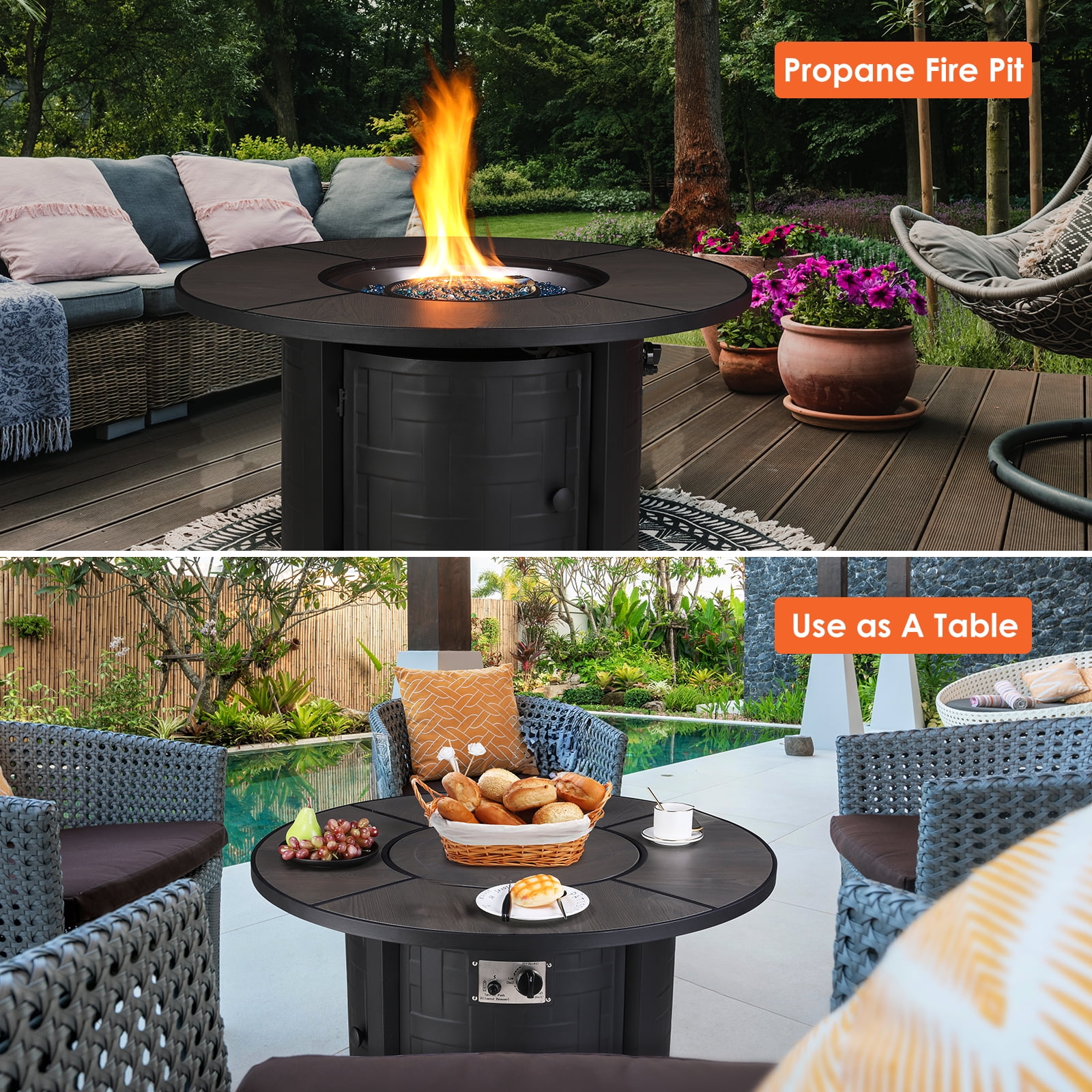 TLGREEN 42" Propane Fire Pit Table with Lid and Blue Stone, 50,000 BTU Auto-Ignition Circular Gas Fire Pit for Outdoor