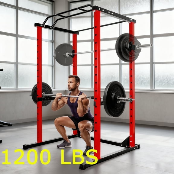 Adjustable Squat Rack, 1200LB All-in-One Squat Rack, 45.6"×44.3"×81.5" Squat Rack Power Cage with J-Hooks for Muscle Building Exercises