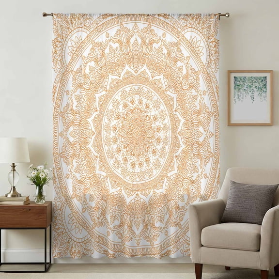 Boho Geometric Sheer Curtains 96 Inches Long, Ethnic Bohemian Farmhouse Art Motifs Light Filering Curtains, Privacy Drapes Simi Floor to Veiling Curtain for Living Room Bedroom Large Window Treatment