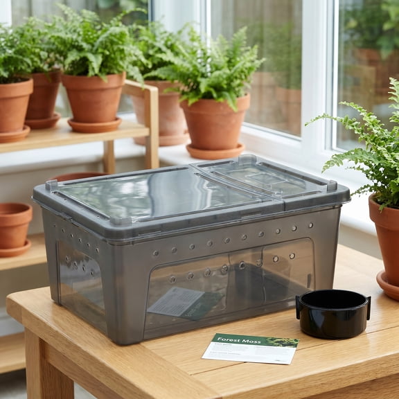Vosarea Dark Grey Plastic Reptile Container with Feeder, Ventilated Lizard Box for Safe Breeding and Transport