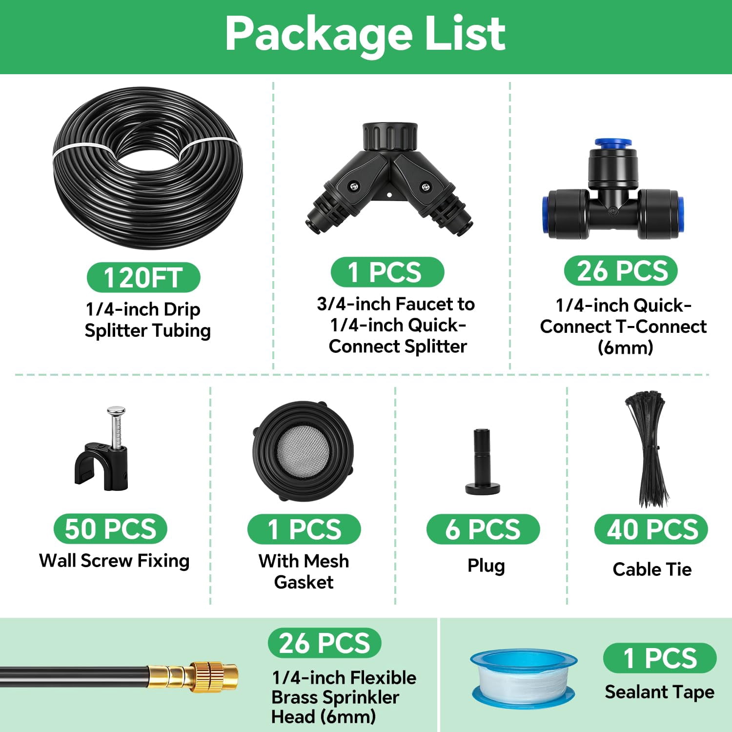 120ft 1/4" Drip Irrigation System For Garden - 26 Adjustable Copper Nozzles  Automatic Atomizing Sprinkler Outdoor Plants Raised Bed Yard Potted & Lawn