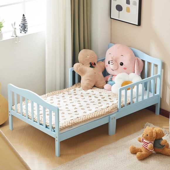 Ktaxon Baby Toddler Bed Solid Wood Bedroom Furniture with Safety Rails Light Blue
