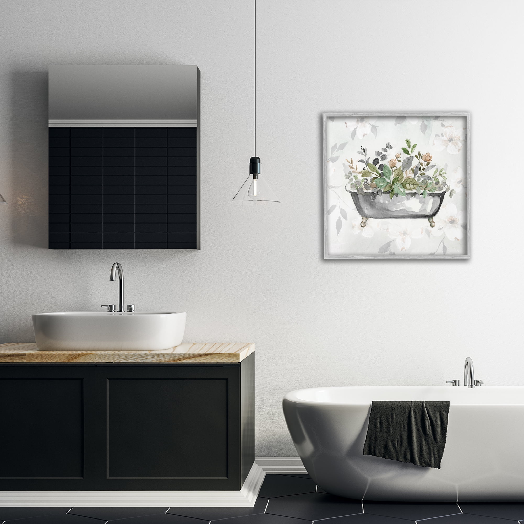 Stupell Industries Leaf Patterned Bath Typography Painting Gray Framed Art Print Wall Art, 24 x 24