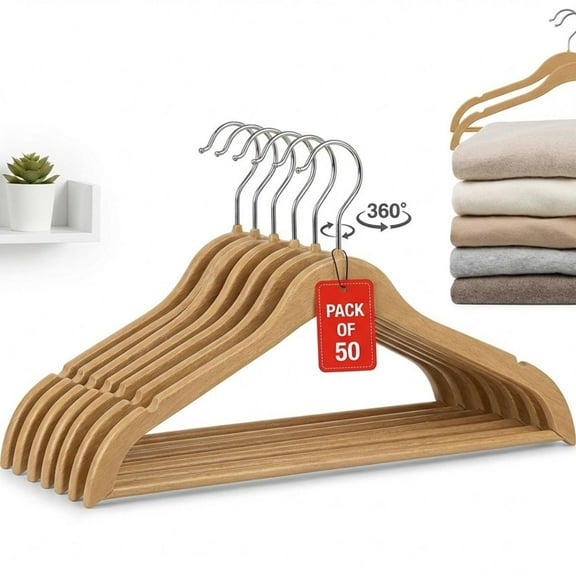 50 Pack Heavy Duty Wood-Like Plastic Hangers | Slim, Non Slip Design with 360° Rotatable Anti Rust Hook | Thin Hangers for Clothes | Heavy Duty, Space Saving for Closet, Adult Clothes, Coat, Suit