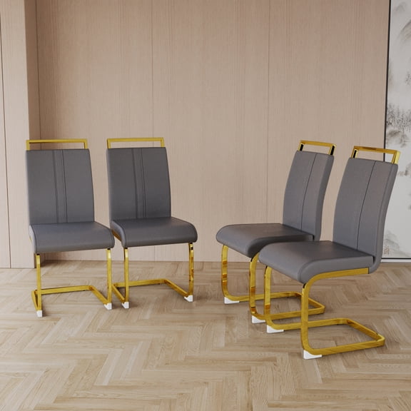 Gearwell Dining Chairs Kitchen Side Chairs, Set of 4 Grey PU Faux Leather High-Back Upholstered Seats with C-Shaped Gold Metal Legs for Dining Room, Vanity and Office
