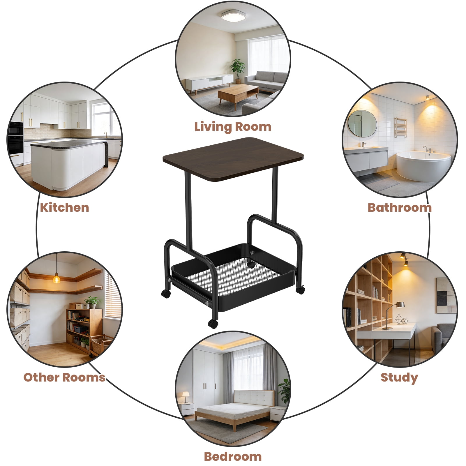 2-Tier/3-Tier Metal Rolling Utility Cart with Walnut Table Top, Lockable Wheels, Mobile Storage Organizer for Kitchen, Coffee Bar, Bathroom & Craft Room