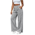 thumbnail image 2 of Karymi Biker Shorts Women High Waist Side Button Split Wide Leg Sweatpants, Drawstring Elastic Waist Solid Casual Track Pants with Pockets, Loose Sport Trousers Women's Pants, 2 of 9