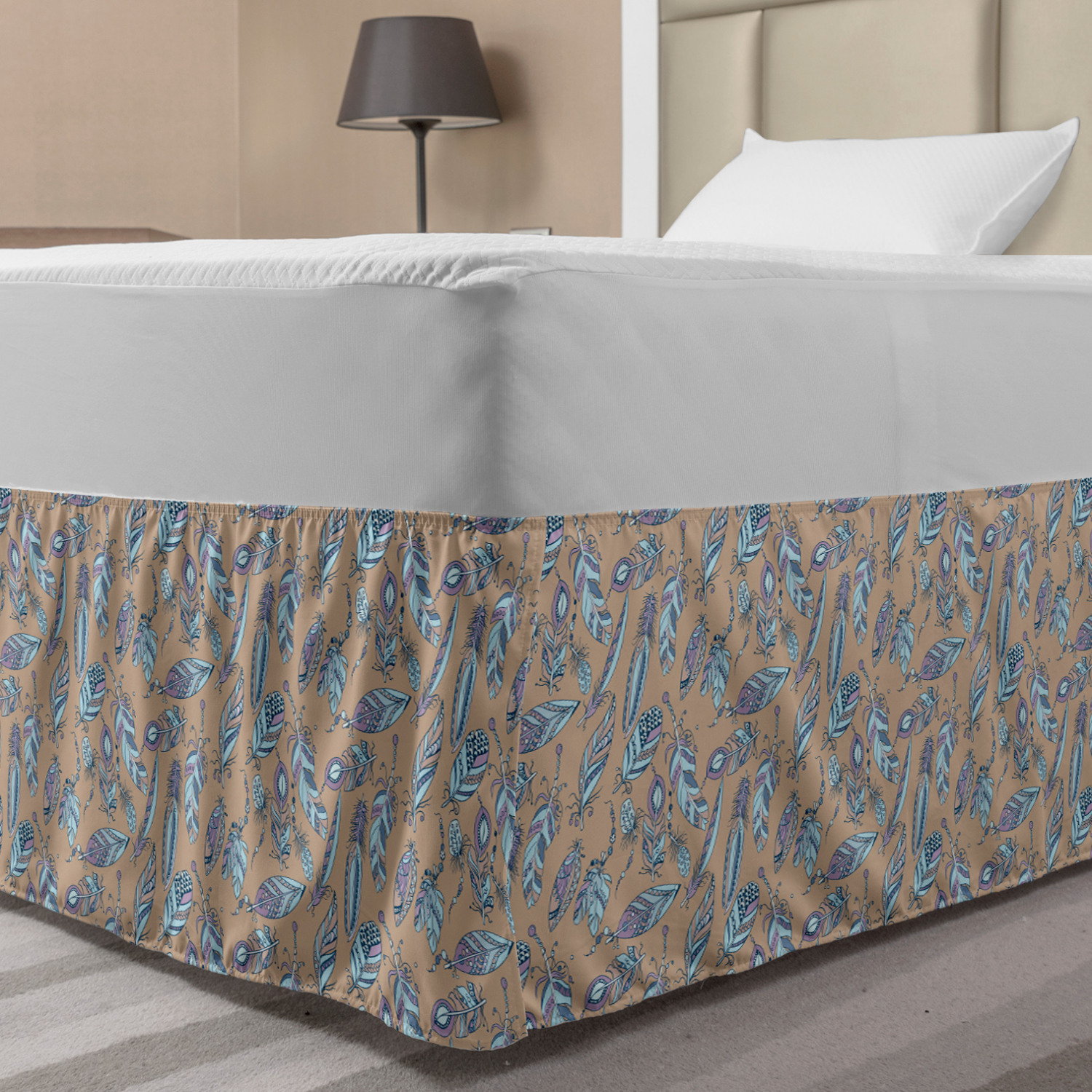 Bohemian Bed Skirt, Hipster Scenery with Ornamented Feathers and Beads