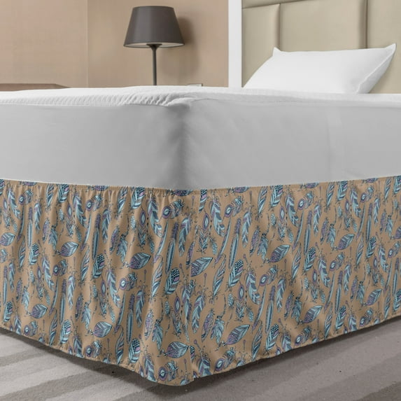 Bohemian Bed Skirt, Hipster Scenery with Ornamented Feathers and Beads, Elastic Bedskirt Dust Ruffle Wrap Around for Bedding Decor, 4 Sizes, Tan Multicolor, by Ambesonne
