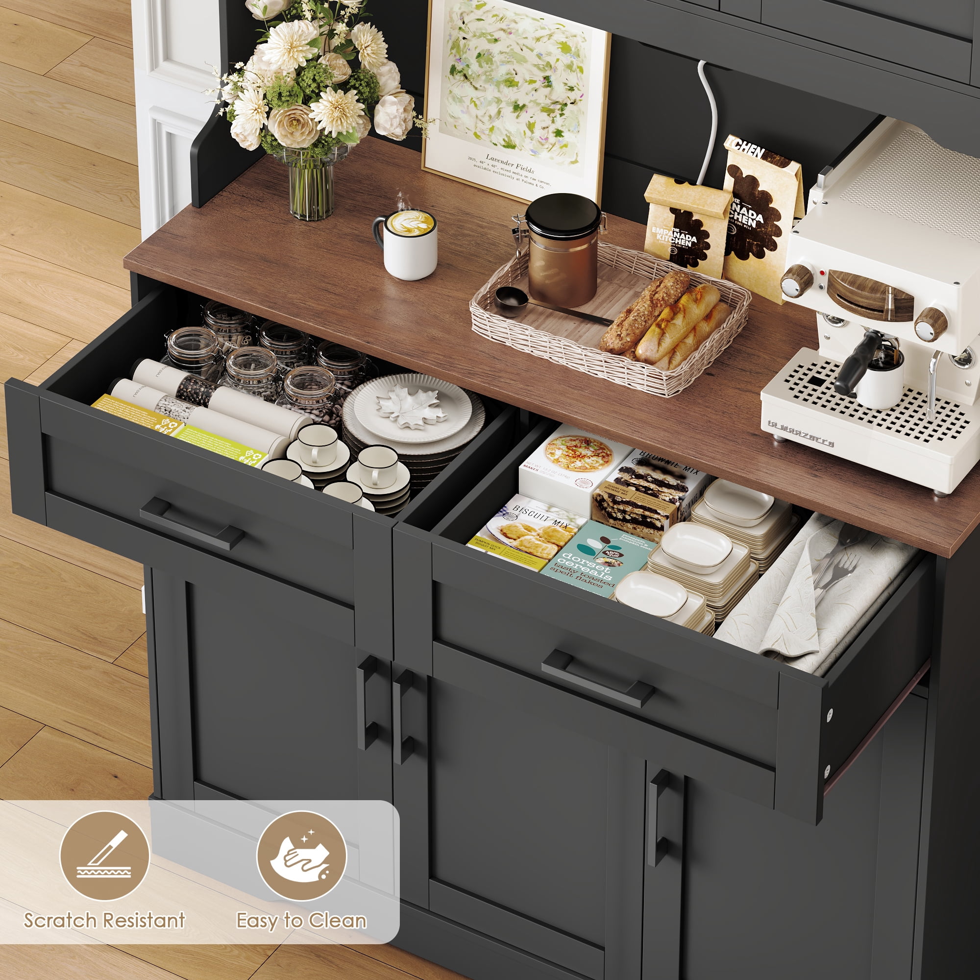 Homfa 74"H Pantry Cabinet with Hutch, Tall Kitchen Storage Cabinet with Microwave Stand and Drawers for Living Room, Dining Room, Black