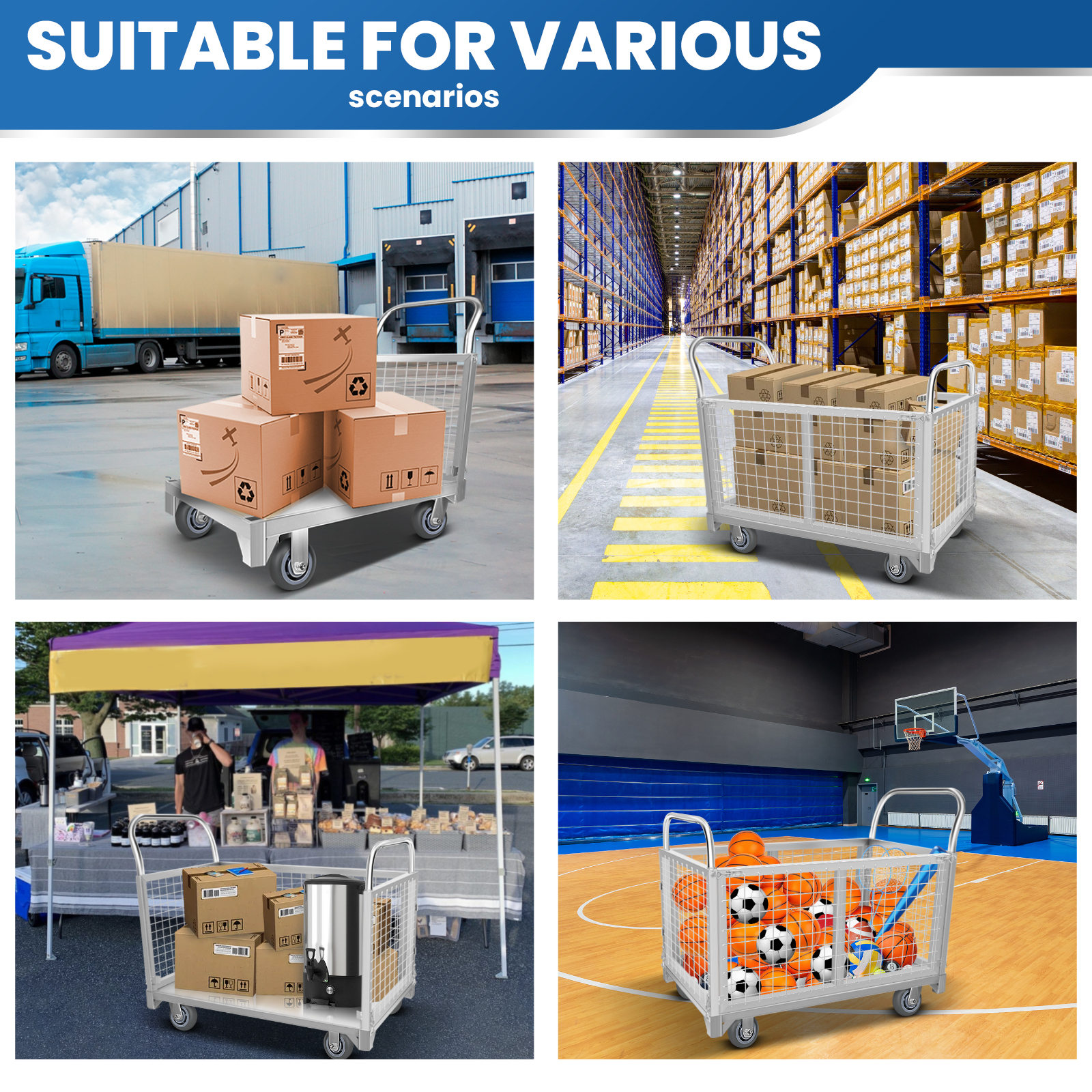 4 IN 1 Heavy Duty Platform Truck with Cage 40x23 Hand Truck Extra Large Version, 2200lbs Capacity Basket Cart with Wheels, Push Dolly with 6” Swivel Casters, Versatile Flatbed