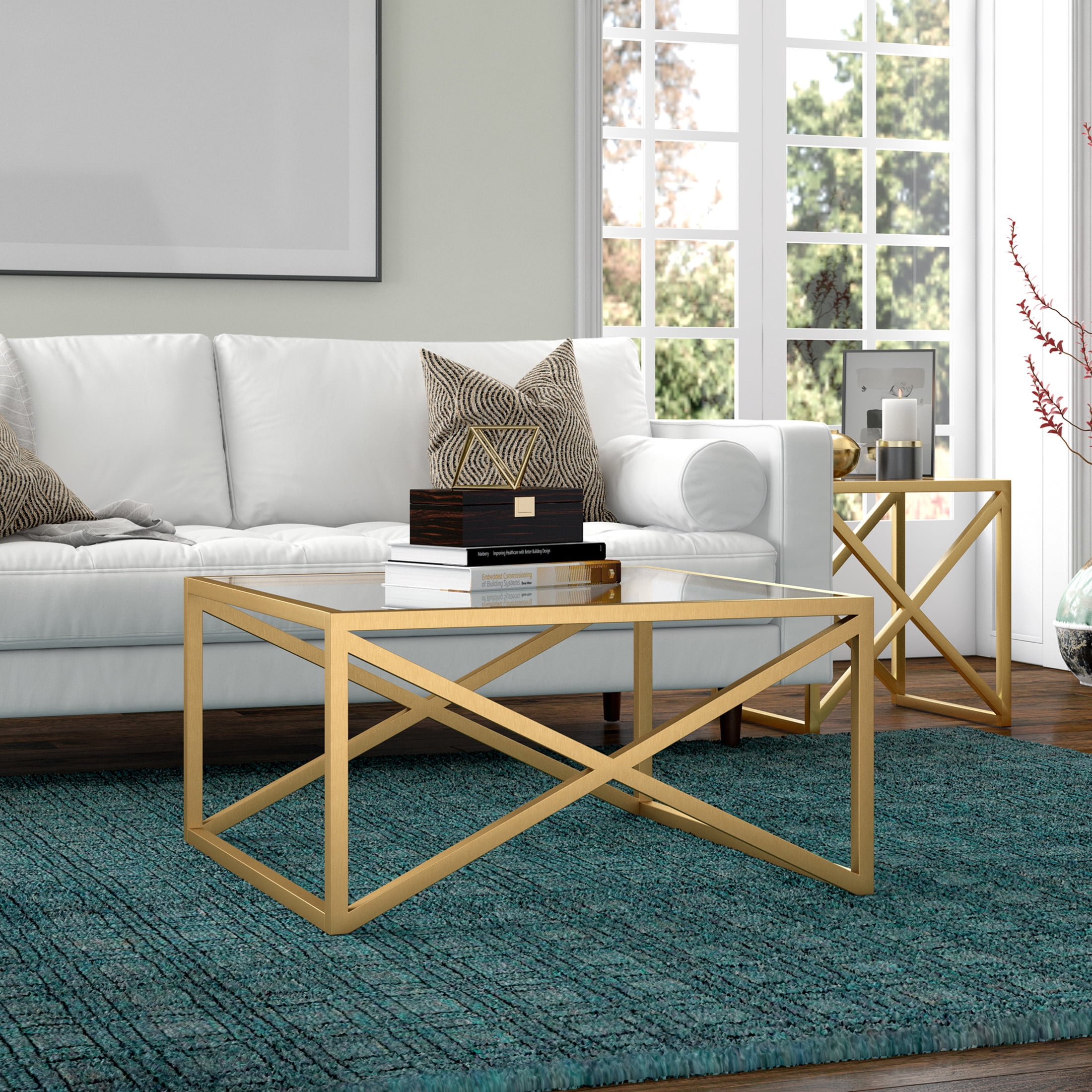 Evelyn&Zoe Calix 32" Wide Square Coffee Table, Brass