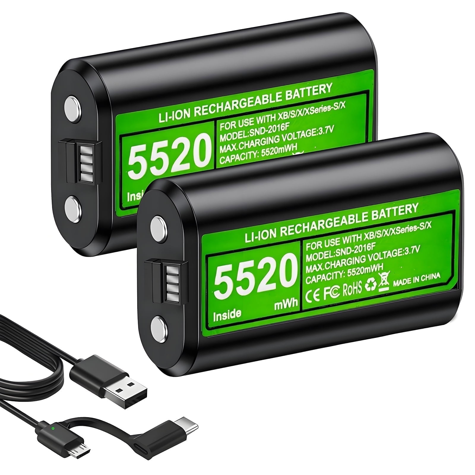 2 x 5520mWh Rechargeable for Xbox Controller Battery Pack, Batteries Pack Play and Charge Kit with USB-C Charging Cable for Xbox One/Xbox Series X|S Controller