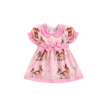 

Suanret Kids Toddler Baby Girls Easter Clothes Cartoon Bunny Floral Print Dress Ruffle Short Sleeve Bowknot Dress Pink 3-4 Years