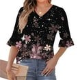 thumbnail image 2 of Ruimatai Women Casual V-Neck Ruffle Blouse Printed Quarter Sleeve Tops Comfortable Elastic Waist Flowy Summer Beach Tunic, 2 of 5
