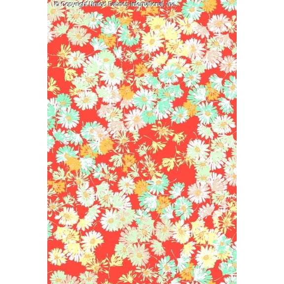 Challis Rayon Printed Vespa Daisy, Floral Fabric, Dress Fabric (ORANGE/TURQ/AQUA, ByYard)