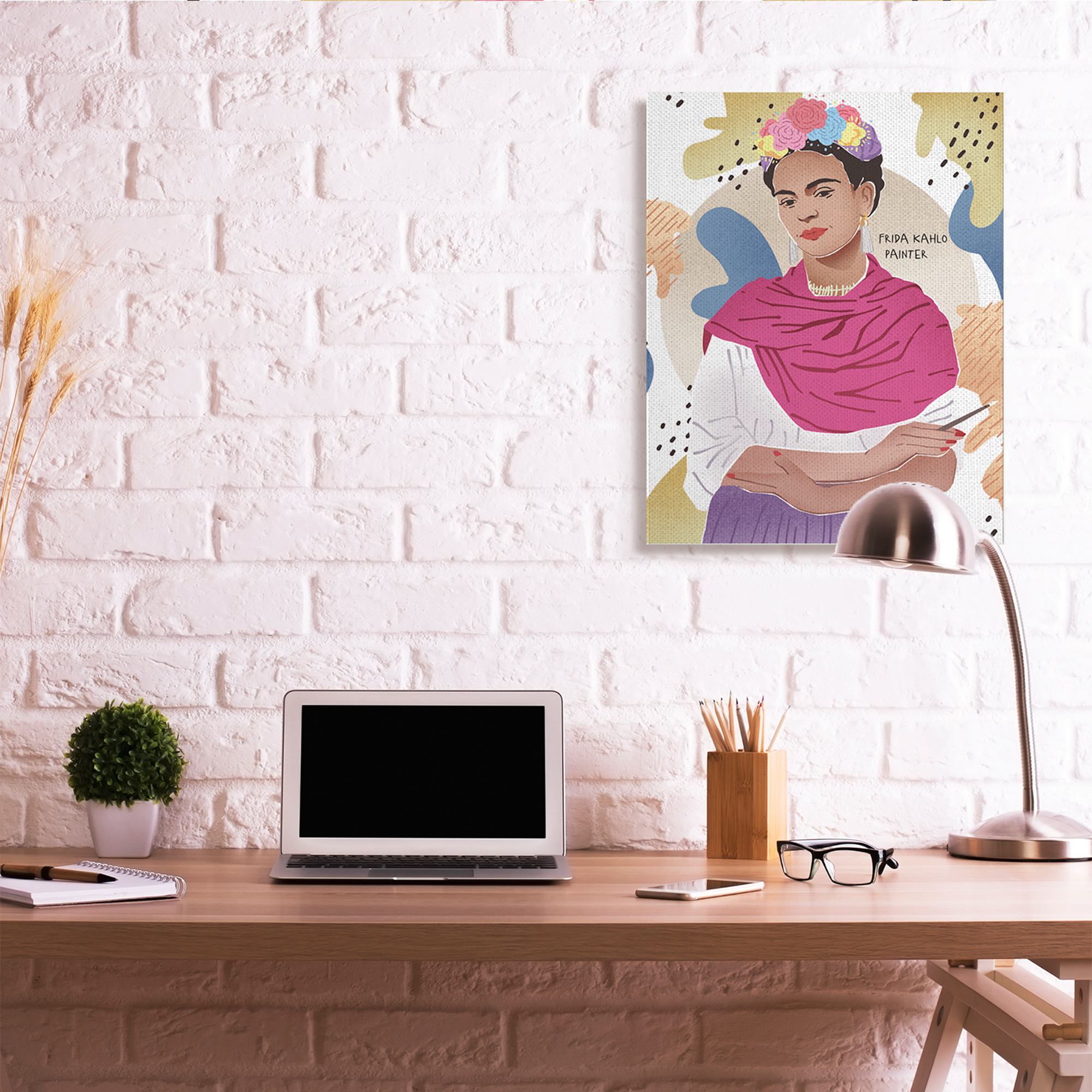 Stupell Industries Frida Posing with Paint Brush Abstract Round Pattern Novelty Painting Gallery Wrapped Canvas Art Print Wall Art, 24 x 30